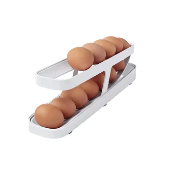 2-Tier Rolling Egg Holder for Kitchen Space-Saving Plastic Egg Storage Tray Organizer for Food in Refrigerator or Pantry