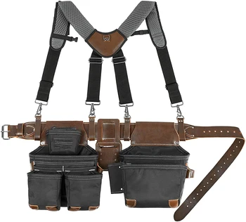 custom Heavy Duty Adjustable Leather Electrician Engineer Waist Tool Belt Bag with Suspender