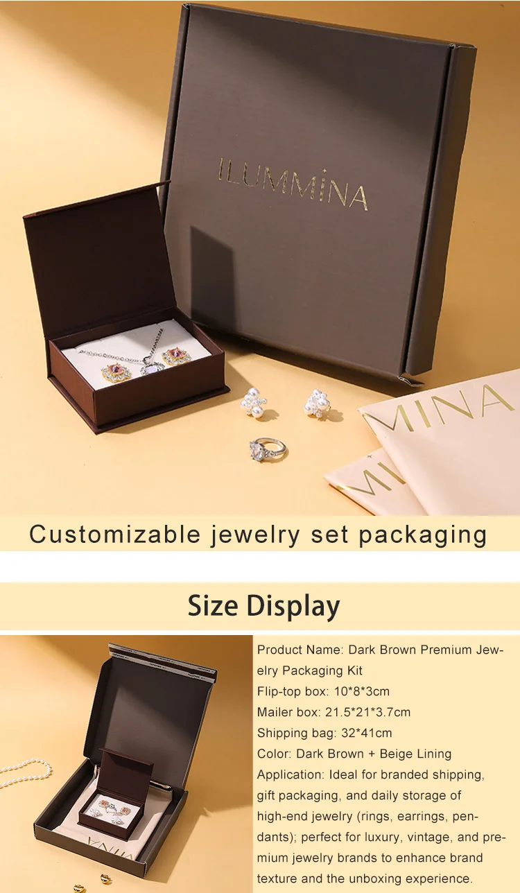 Wholesale Beige PU Leather Square Flip-top Jewelry Gift Box with Shipping Bag Custom Logo Packaging for Rings Earrings Necklaces factory