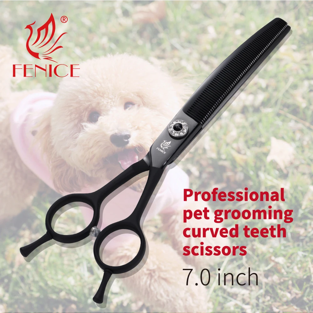 Fenice Latest Pet Dog Grooming Scissors Cutting Scissor Thinning Crystal Black Curved Tools Pet Cleaning for Dog 2020