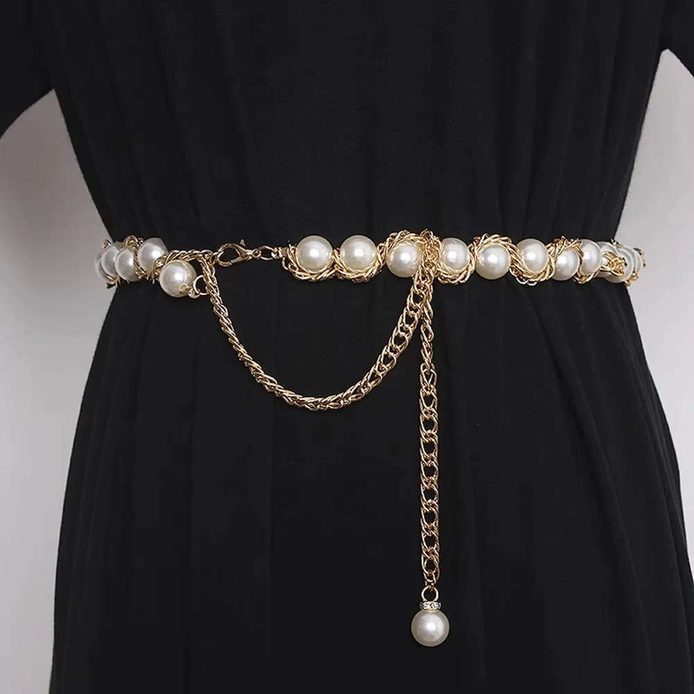 Elegant Pearl Women's Belt Golden Adjustable Metal Thin Chain Belt for Ladies Dress Coat Decoration Waistband Beaded Belt