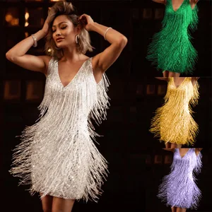 New Design Tassel Sequins Shine Party Sleeveless V Neck Mini Women Birthday Dresses