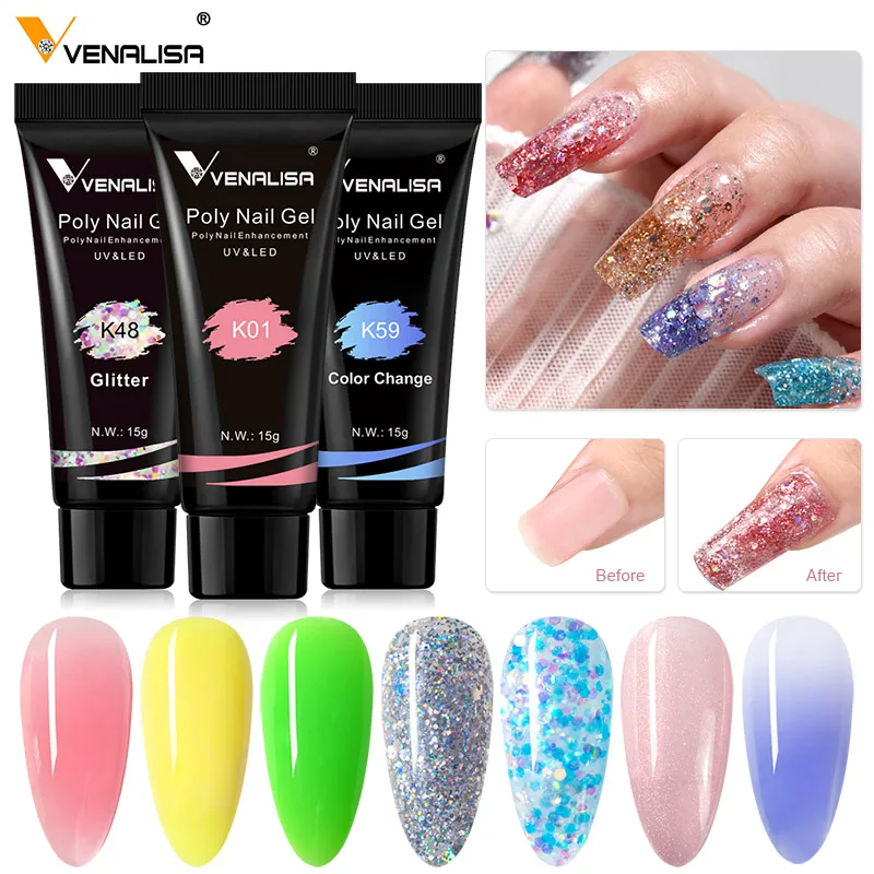 New Venalisa 15g nail art french nails glitter camouflage neon color hard jelly quick building nail extend gum poly acrylic gel
