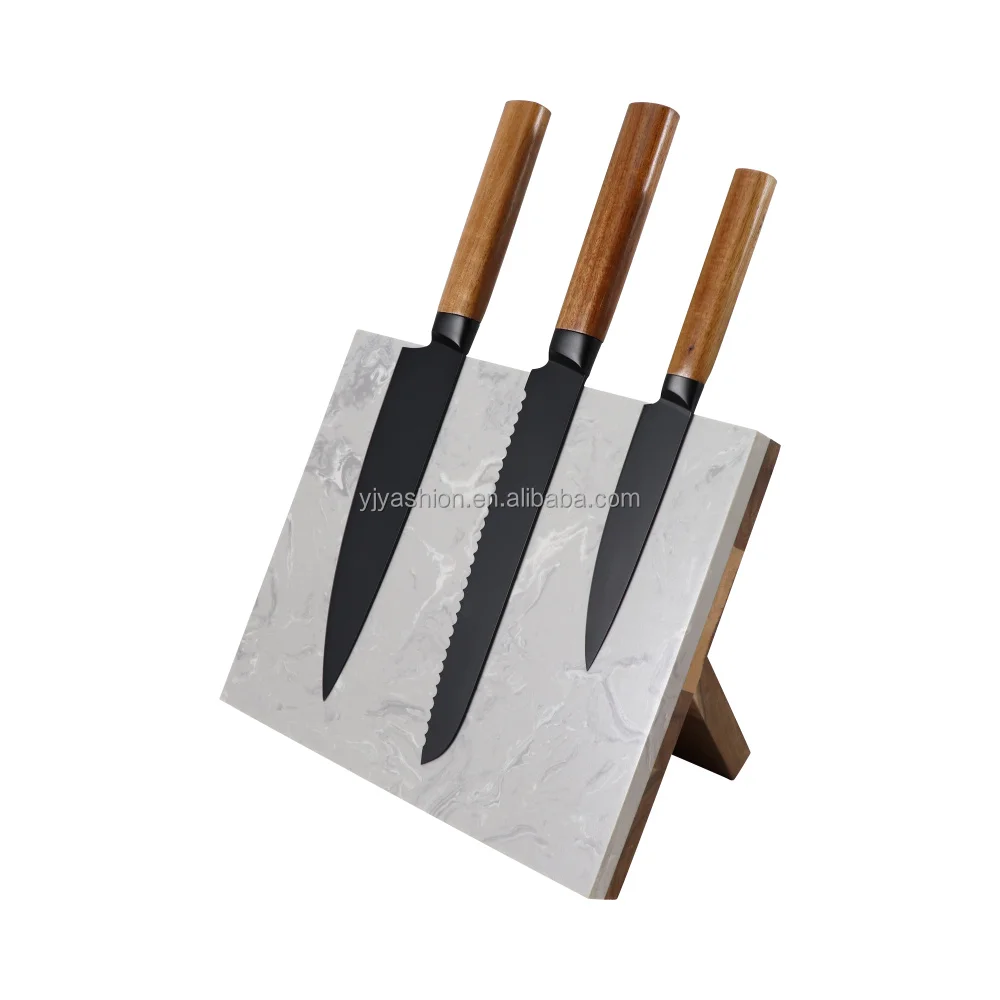 Luxury Gray Marble And Acacia Wood Knife Stand Kitchen Supplies