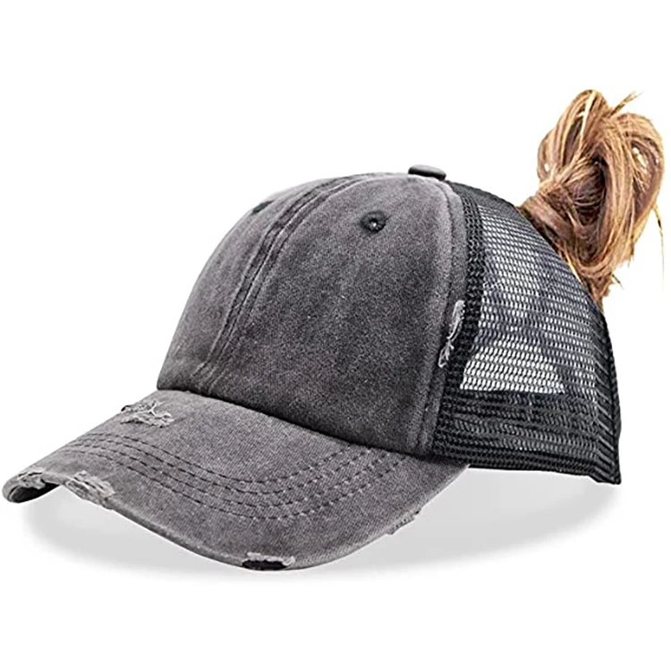 distressed high ponytail hat