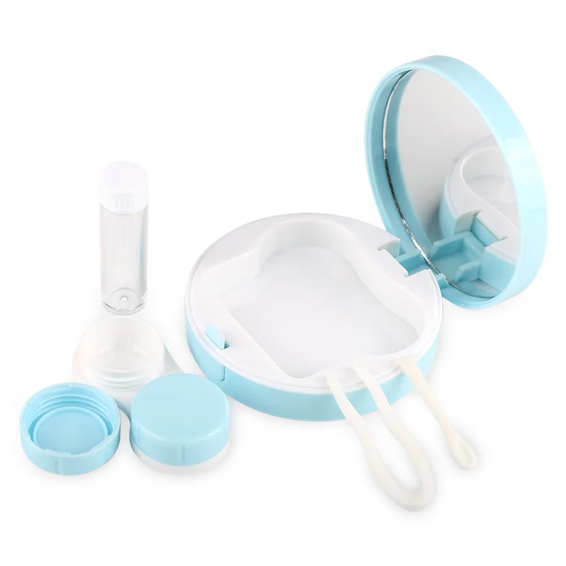 Customizable Plastic Stylish Simple round Contact Lens mate box with tweezers rainbow pattern portable set contact lens case