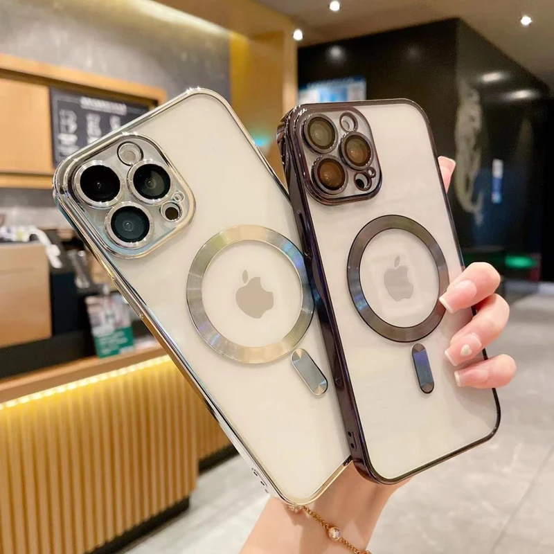 Мягкий силиконовый чехол для iPhone 14 13 Pro Max с гальваническим покрытием прозрачный телефона Magsafes противоударный защитный