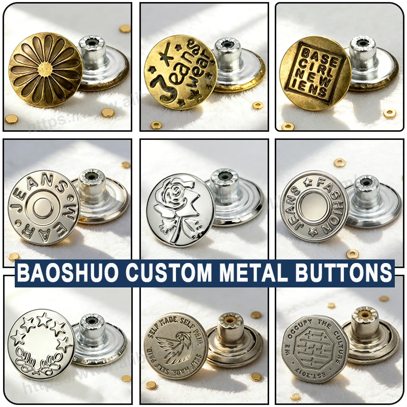 Button Factory Garment Accessories Custom Emboss Vintage Logo Pattern Clothes Metal Button Denim Jeans Button and Rivets