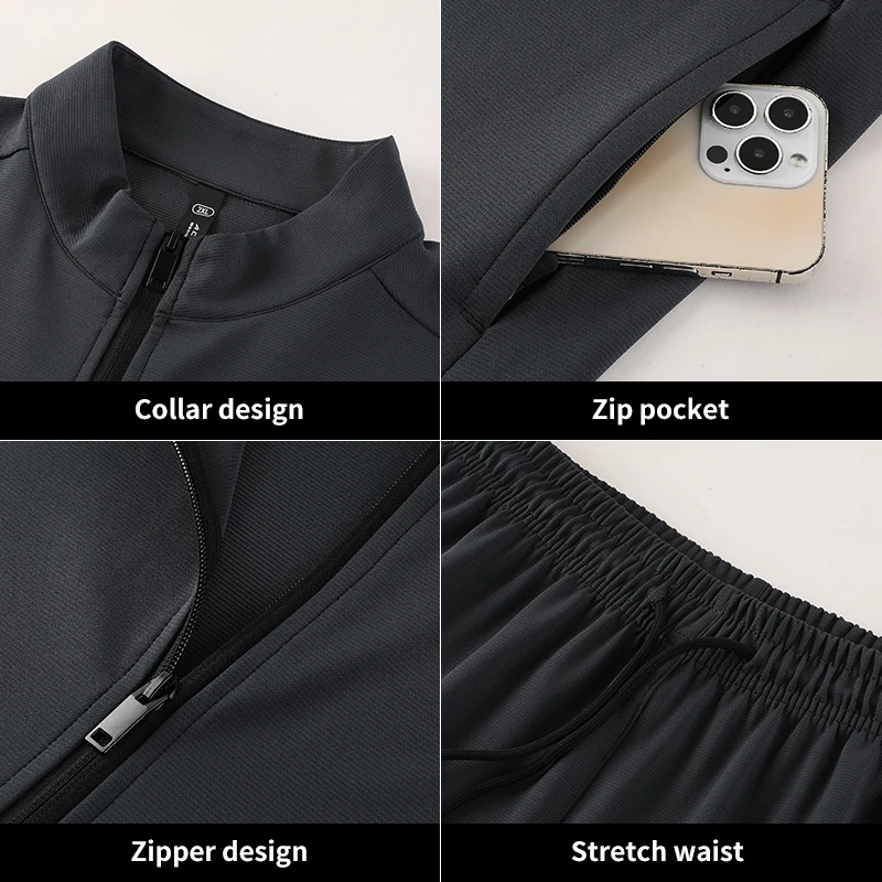 Mens Running Jacket and Pants Set Gym Clothing Two Piece Sportswear Men Autumn Spandex Polyester Tracksuits