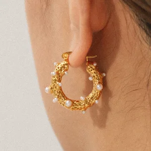 MW 2026 New 18k Gold Plated Stainless Steel Hypoallergenic Vintage Embossed Natural Pearl Zircon Tarnish Free Earrings Women