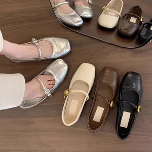 Women's New French Retro Leather Loafers Toe Shallow Mouth Silver Single Shoes Height Increasing Feature Soft Flat Mary Jane