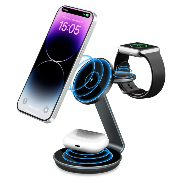 Hot Selling 15w Magnetic Portable Metal 3 in 1 Quick Charging Custom Wireless Charger For iPhone 15 14 13 pro max airpods