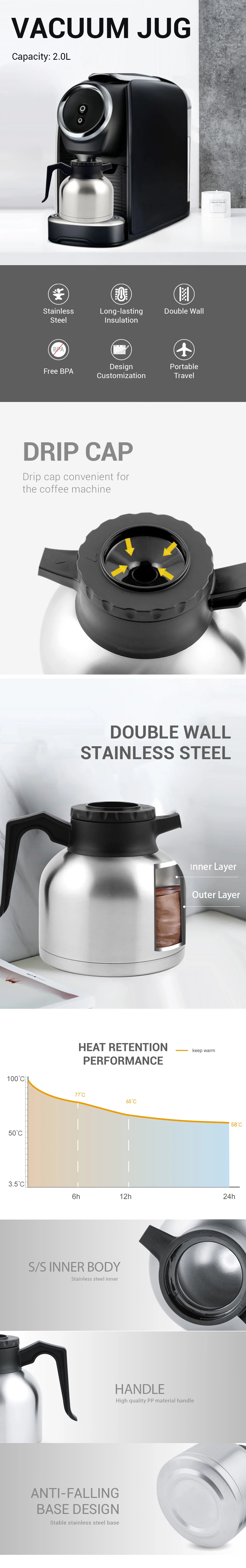 Classic Stainless Steel Vacuum Flask Tea and Coffee Pot 2L Double Wall ...