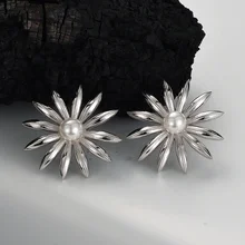 ICEBELA  Unique Design Elegant Vintage Flower Shape S925 Sterling Silver Inlaid Shell Bead Sunflower Stud Earrings