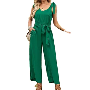 Summer Casual Waist Cinching Slimming Jumpsuit Pants Halter Collar Ankle-Length Solid Pattern Sashes for Commuting