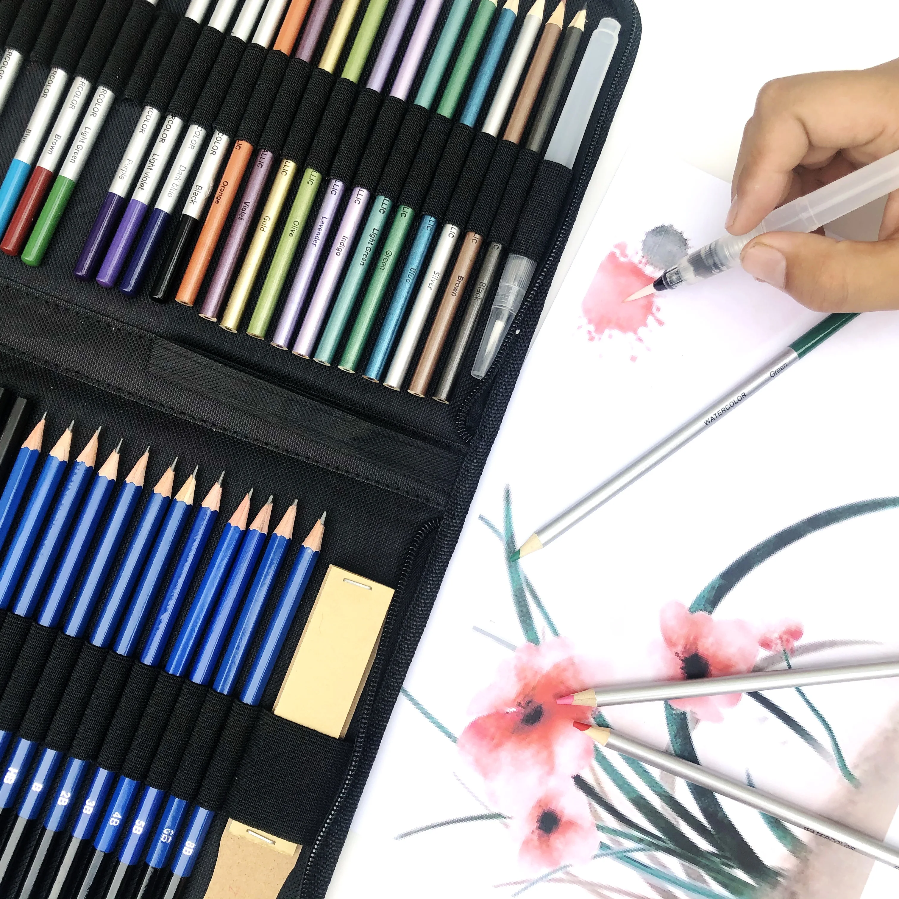 Hot Sale on line Non-toxic 51pcs Drawing Pencil Art set in Nylon Case