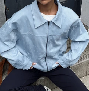 Custom Front Light Blue Faux Suede Breathable Winter Zip-Up Turn Collar Jacket Women Oversized Long Sleeve Casual Outerwear