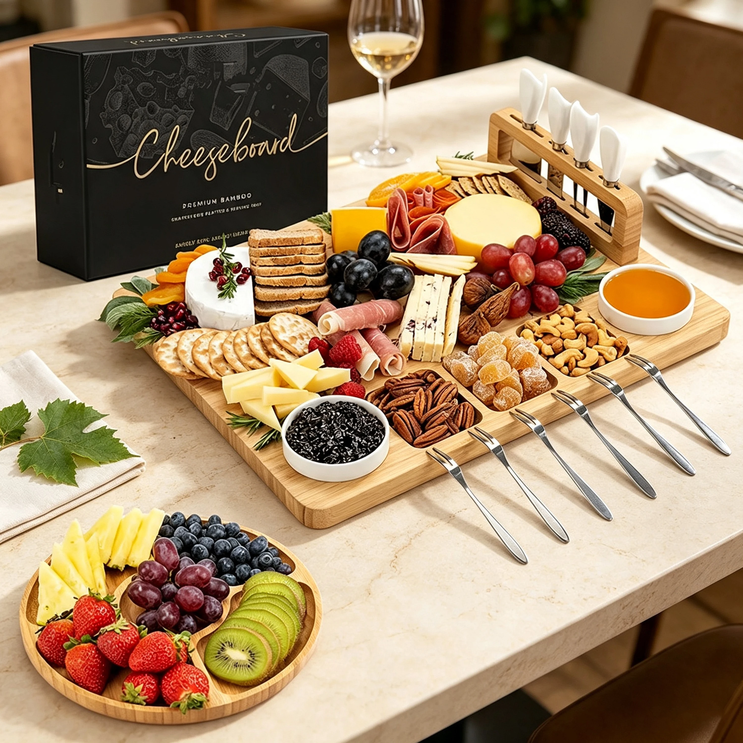 Bamboo Cheese Board Set Large Charcuterie Platter with Cheese Knives Gift Box Wooden Serving Tray for Wine Party Wedding Gift