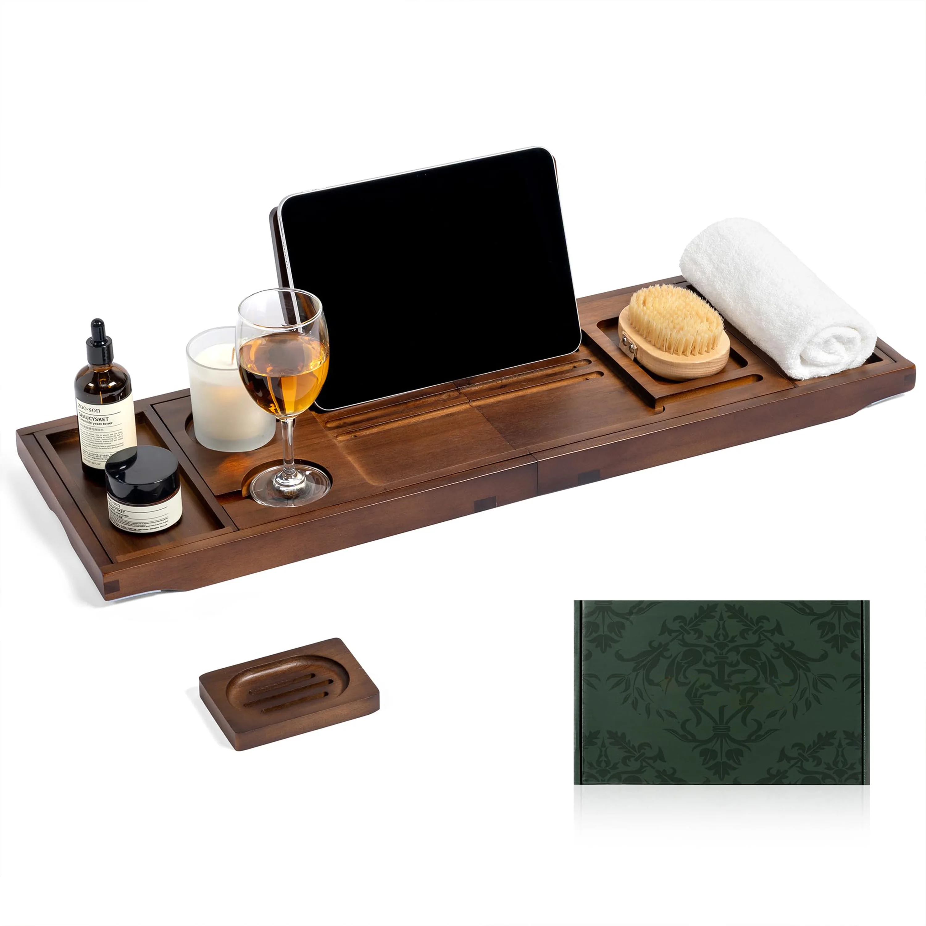 product expandable wood bathtub tray with wine glass holder bathroom stand bookshelf reading spa and relaxation experience for bathroom-3