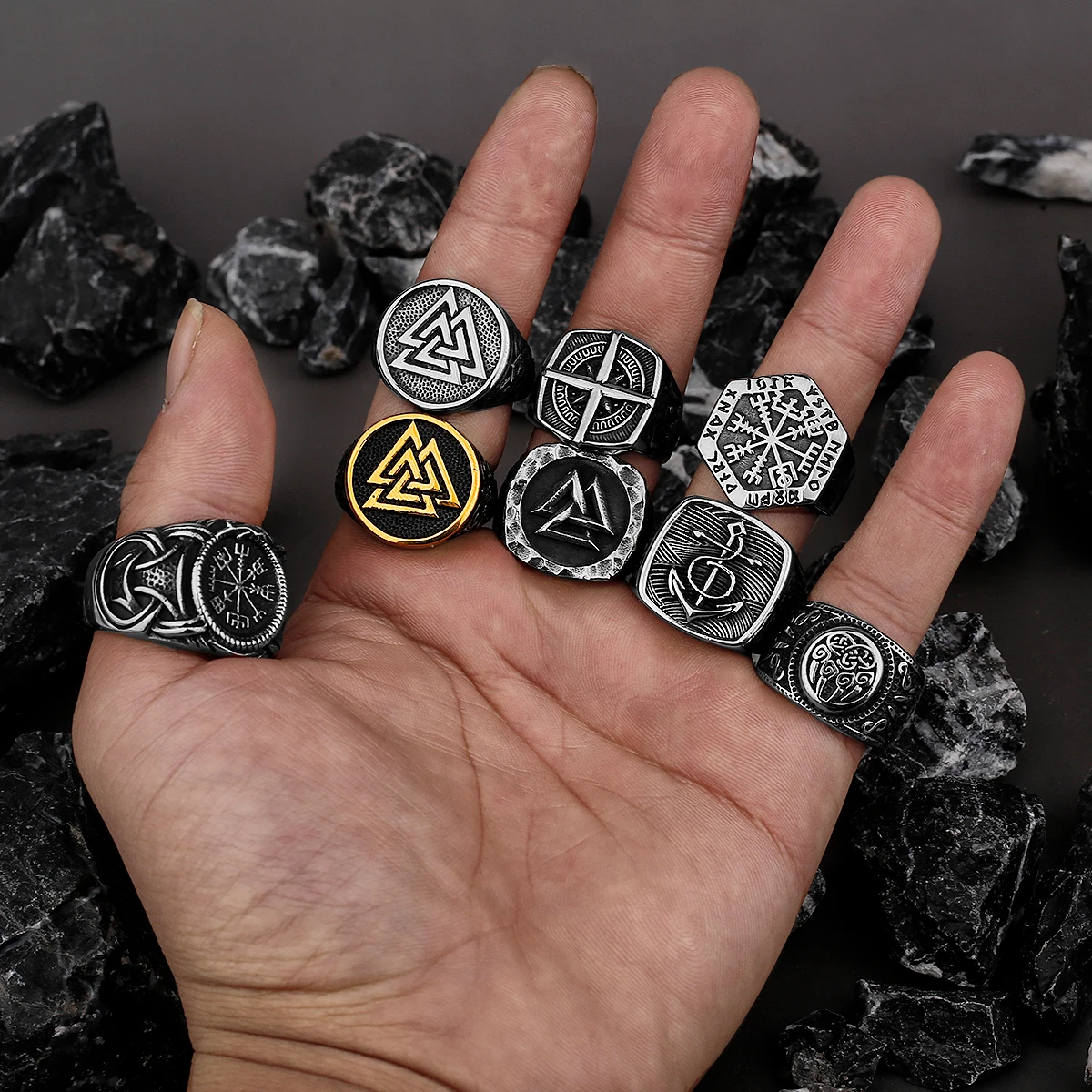 Stainless Steel Compass Tree of Life Viking Rune Wolf Ring Factory Wholesale Fine Jewelry for Men and Women