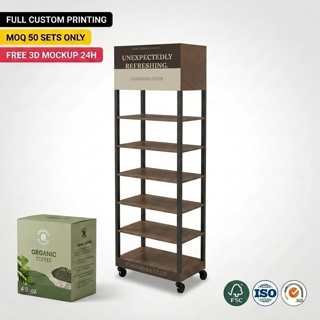 Suporte de Exibição de Café Personalizado e para Atacado, Modular em Madeira e Metal, para Piso, com Rodízios, ideal para Lojas de Varejo e Boutiques