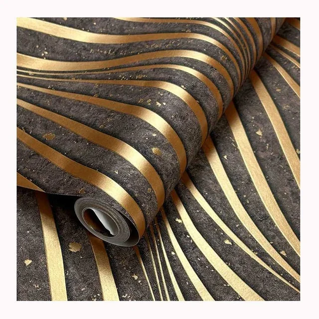 2023 New Living Room Vinyl Wallpaper Home Decoration 3D Glod and Black Wave Stripe Wall Paper