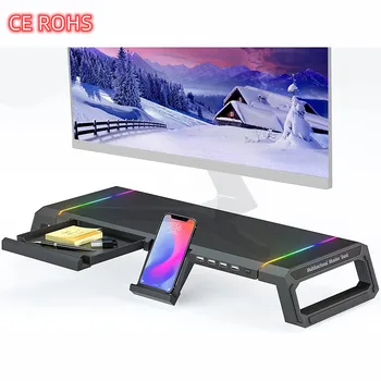 Home Office Desktop Foldable Gaming Lights Computer RGB Monitor Riser Stand with USB HUB and Drawer