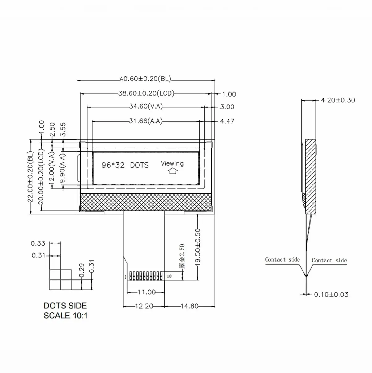 OEM Low Cost Lcd Display 96x32 Dot matrix Graphic FSTN Mode  IST3080 COG Serial Interface  10 Pin Connector FPC Cable