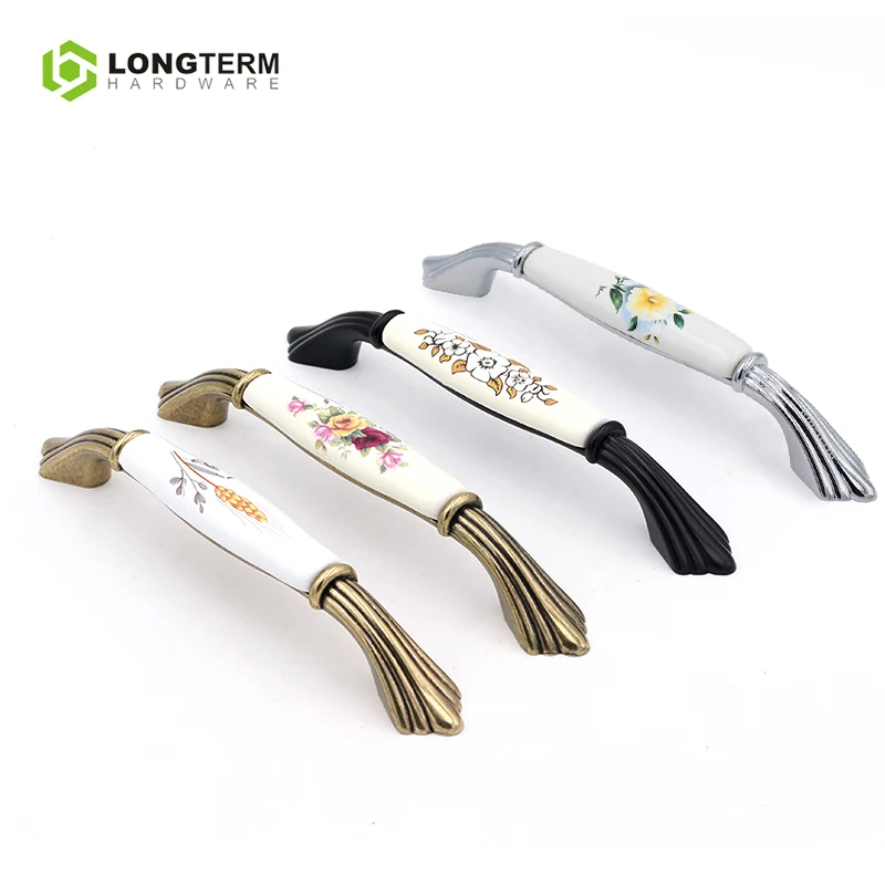 Classic Porcelain Chrome Furniture Handles Drawer Pull Decorative Ceramic Kitchen Cabinet Door Handle