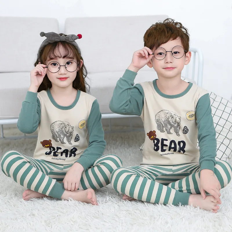 Autumn Spring Pajama for Boy and Girl Handsome Cat Print Long Sleeve and Pants Kids Boys Sleepwear Set