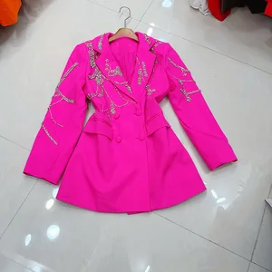 Factory Wholesale Light Luxury Socialite Heavy Industry Nailed Beads Diamond Beading Cushion Shoulder Slim Long Elegant Blazer