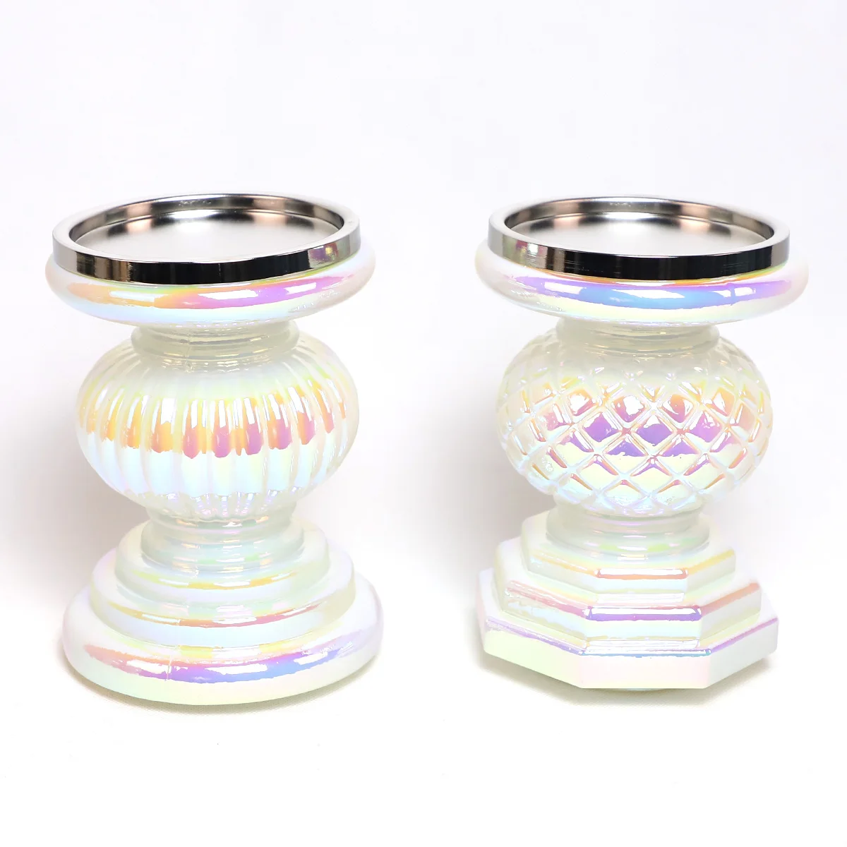 iridescent metal and glass artificial crafts crystal pillar candle holder set of 2