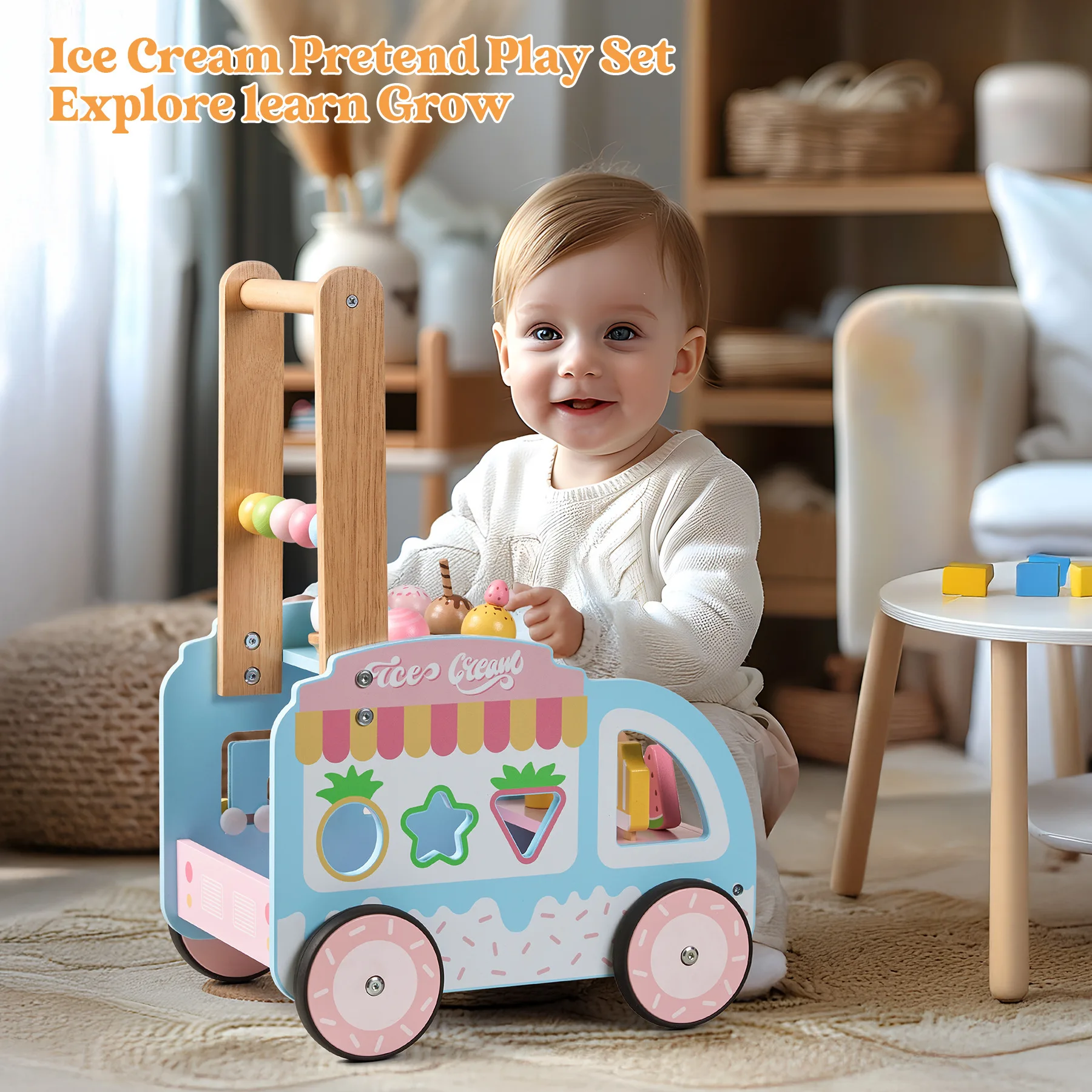 Montessori Holz Baby-Laufgitter mit Eiscreme Rollenspiel Säuglings- und Kleinkind-Lernspielzentrum zur Entwicklung der motorischen Fähigkeiten