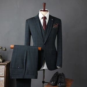 Men's Slim English Plaid 3-Piece Suit Blazer Jacket Wedding Groom & Casual Business Plus Size Formal Blazer for Men