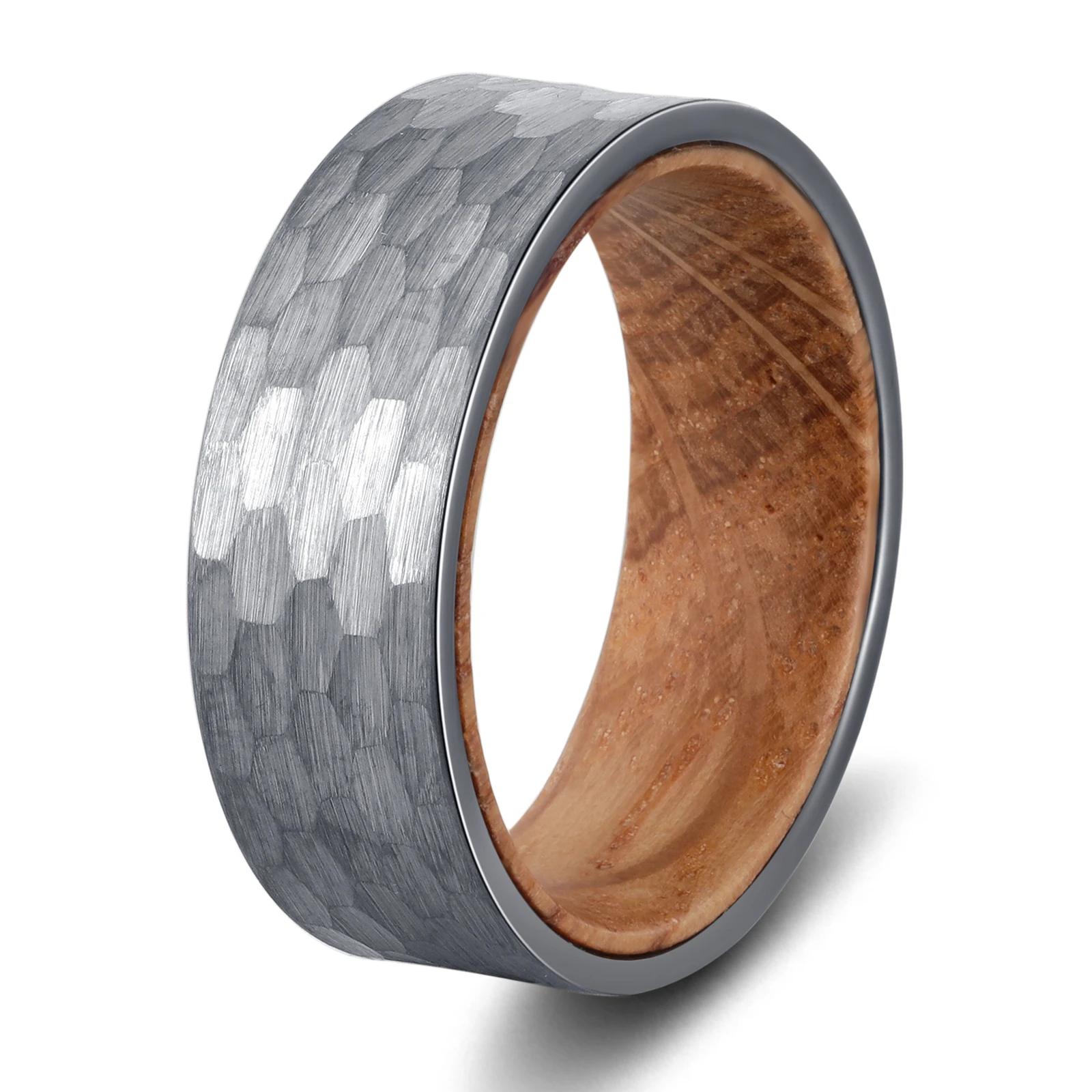 Poya 8mm Plain Beveled Hammered Brushed Domed Grooved Sandblasted Whiskey Barrel Wood Liner Silver Black Tungsten Carbide Rings