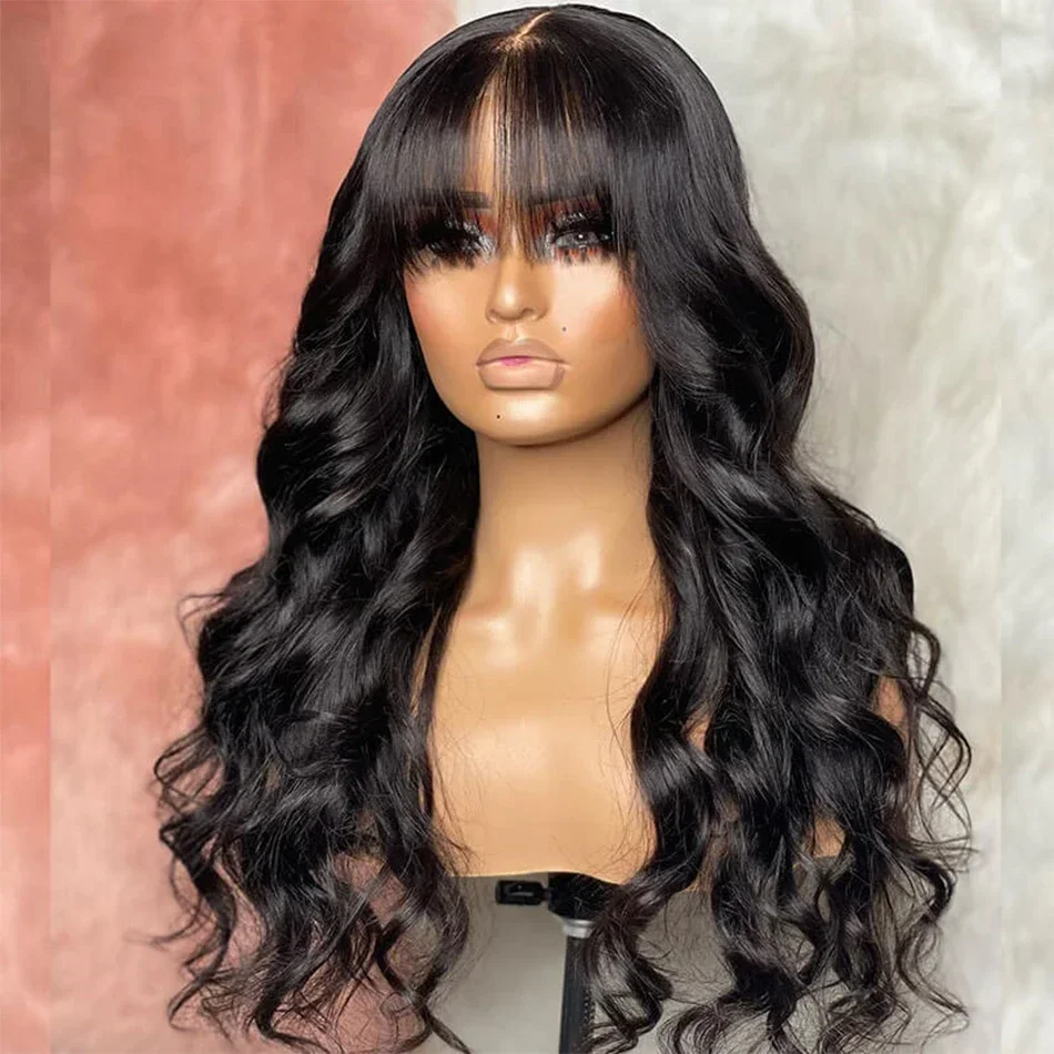 Peluca de cabello humano ondulado de 30 pulgadas con flequillo, estilo bob brasileño de cabello negro con flequillo, encaje 3x1, parte en T, densidad 180._voghion.com
