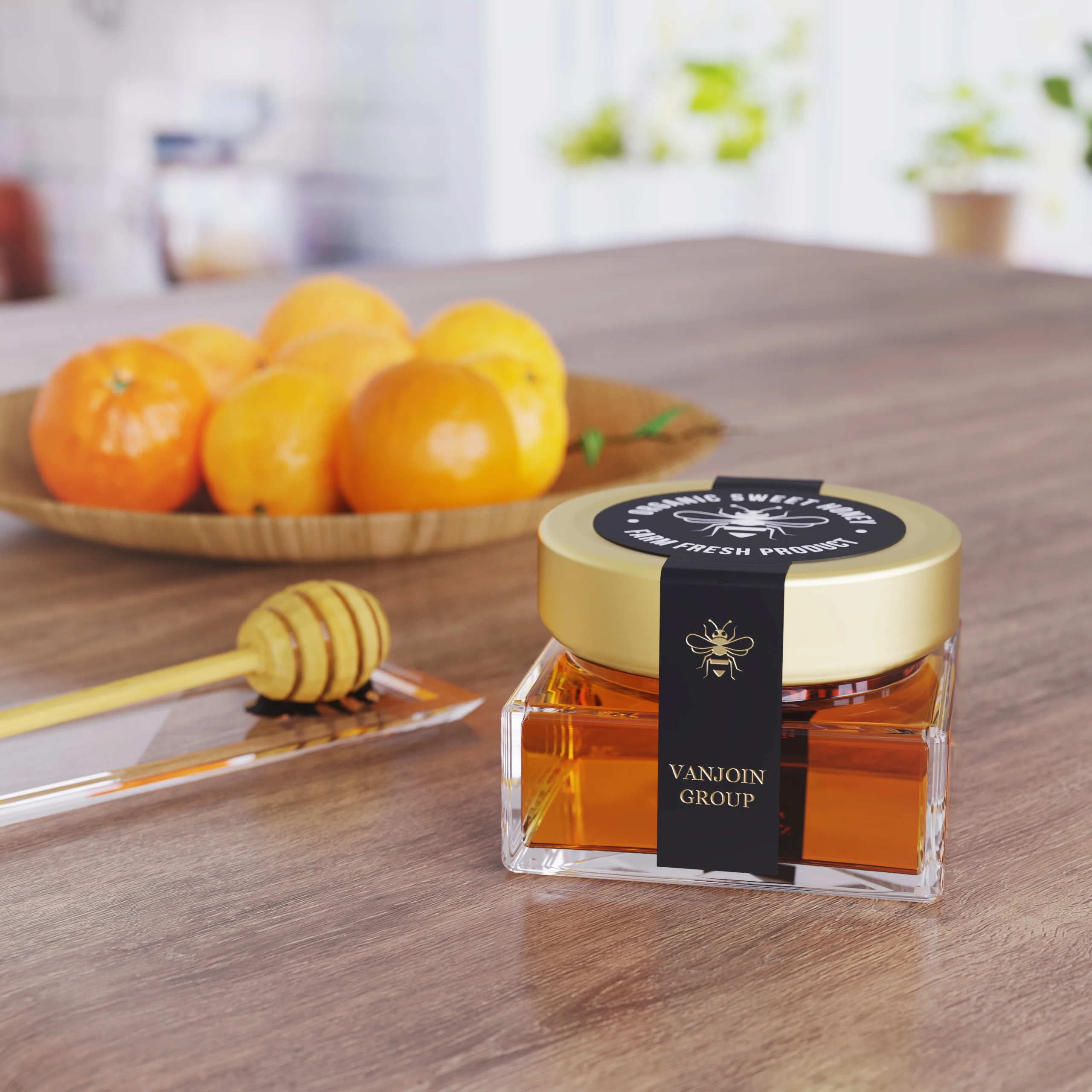 New Design 106ml Square Ergo Glass Honey Jam Jar With Deep Metal Lug Cap Wooden Honey Dipper for 150g Honey Storage