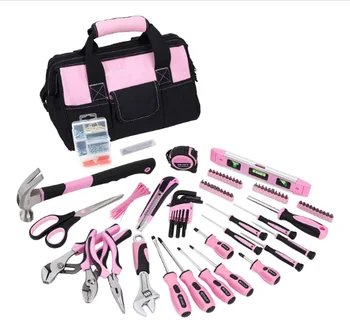 220 Piece Pink Tool Set Lady's Home Repairing Tool Kit with 12-Inch Wide Mouth Open Storage Tool Bag