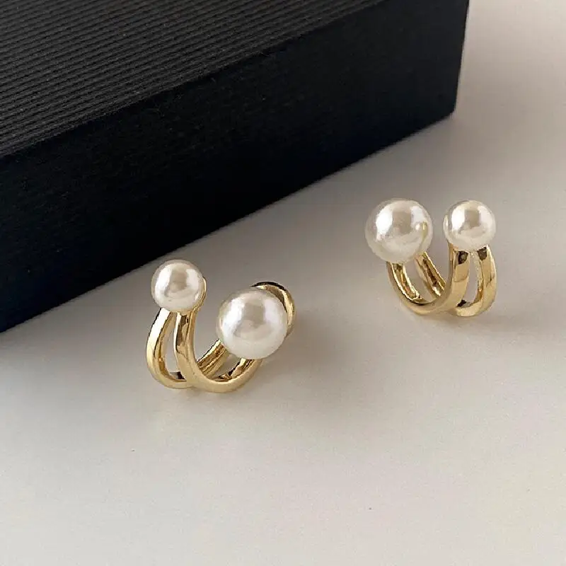 Korean Earring Claw Ear Hook Clip Earrings For Women 2 Big Pearl Gold ...