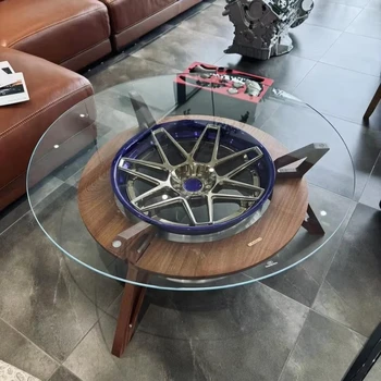 Commercial Furniture Industrial Wooden Car Wheel Bar Table Sets Glass Table Top