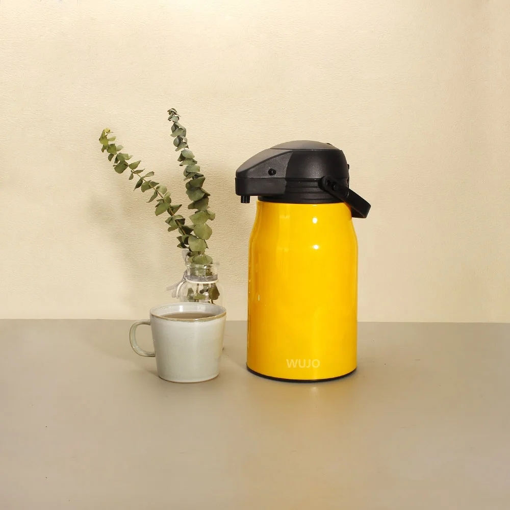 WUJO NEW Arrival Yellow Pressing Type Plastic Thermal Air Pump Level  Airpot Termo Vacuum Flask Thermos