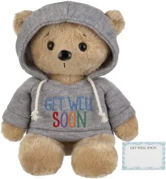 9 Inch Stuffed Animal Plushie Teddy Bear Doll with Get Well Soon Card Gray Hoodie Custom Gift Plush Get Well Teddy Bear
