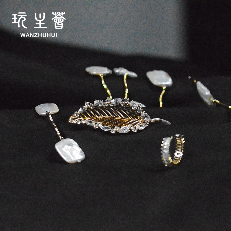 New arrival latest fashion geometry freshwater pearl feather  jewelry set for women