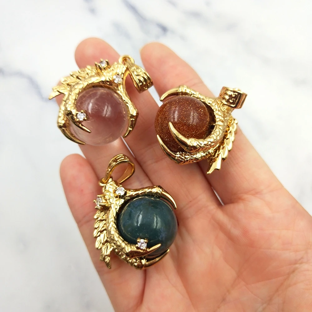 Wholesale Cheap Gold Dragon Claw Gems Balls Pendant Necklace Malachite Red  Sand Stone Crystal Spheres Charms for Jewelry Making