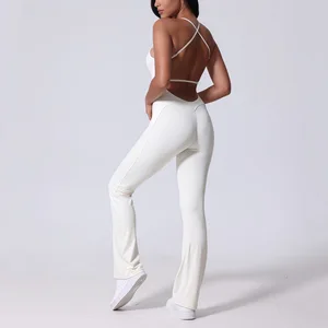 BNICE 24016 Women Jumpsuit One Piece Yoga Bodysuit Sexy Backless Sleeveless Fitness Butt Lifting Outfit Flare Leggings