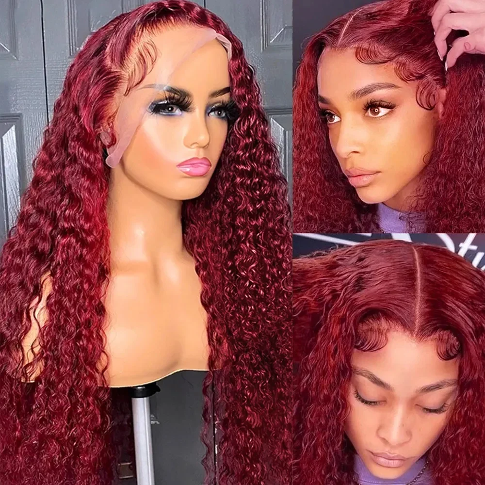 Parrucca frontale in pizzo HD riccia profonda bordeaux 99J 13x4 13x6, parrucche per capelli umani con onde profonde colorate rosse_voghion.com