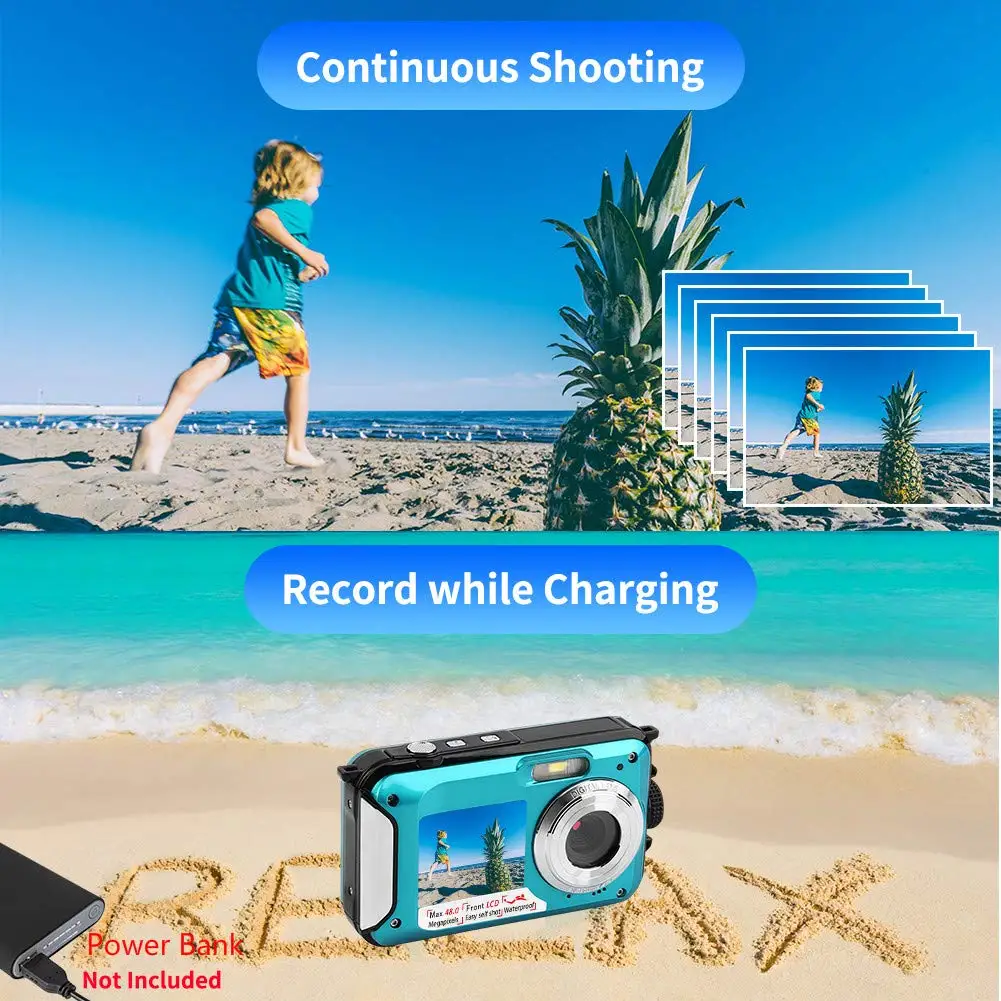 2.7K 48MP Digital Camera HD Rechargeable Underwater Camera Dual Lens Waterproof Cameras