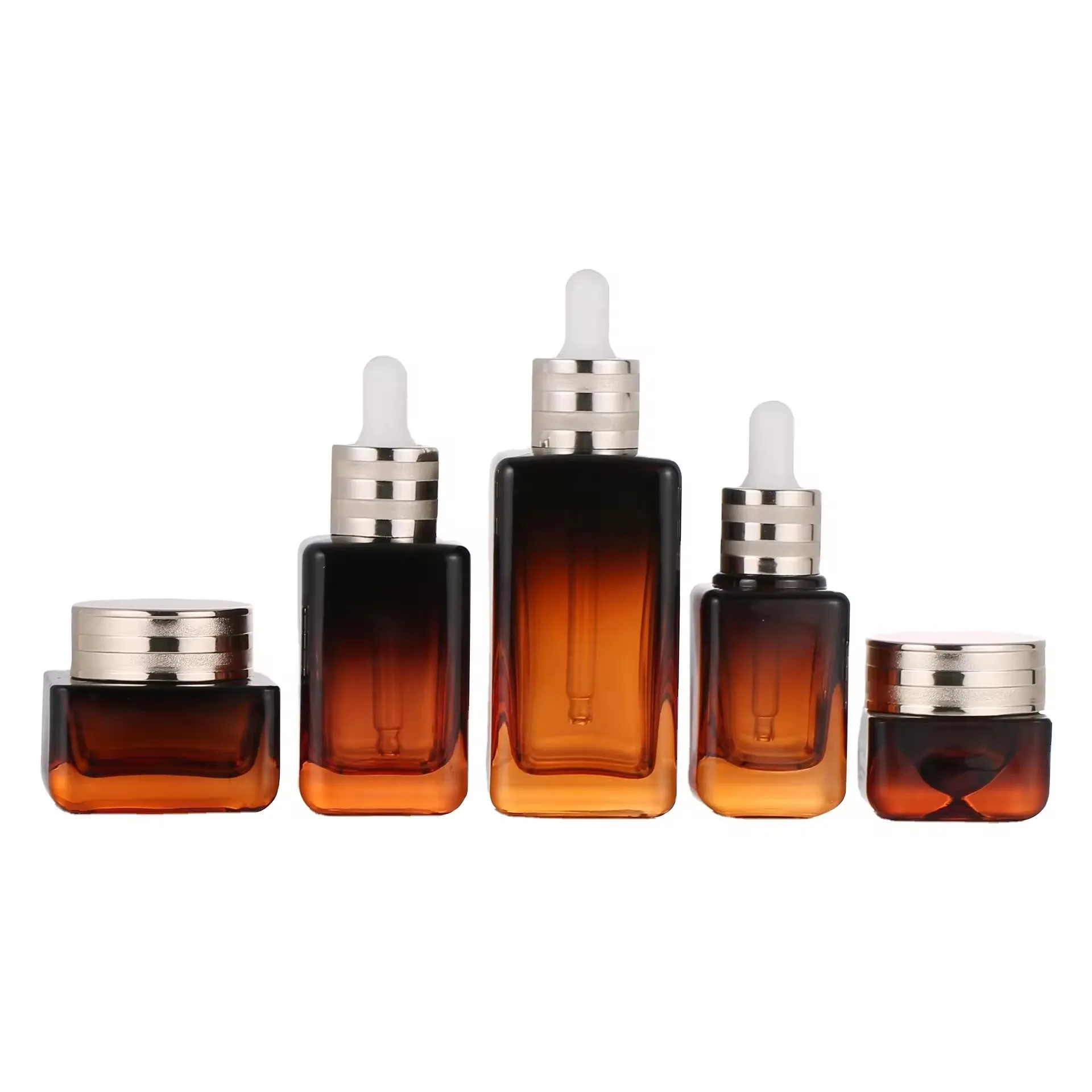 High-grade Oem gradient amber cosmetic set lotion toner serum eyecream luxury design skincare square glass packaging