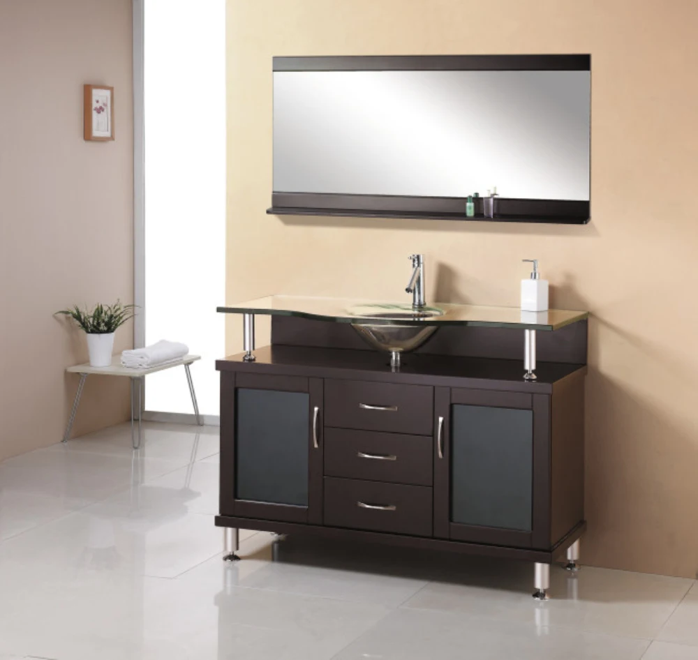 High Quality Custom Espresso Modern Functional Cabinet Floor Standing Bathroom Vanity with Glass Basin