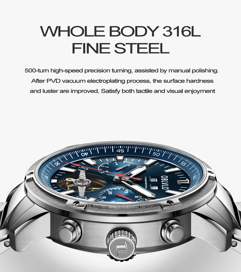 Orologi automatici in acciaio OBLVLO, orologi meccanici con tourbillon per uomo, orologi super luminosi impermeabili CM-T